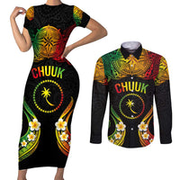 Personalised Chuuk Independence Day Couples Matching Short Sleeve Bodycon Dress and Long Sleeve Button Shirt Polynesian Tattoo and Plumeria Reggae Color LT03 Reggae - Polynesian Pride