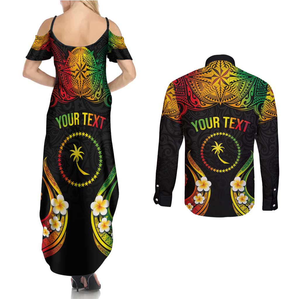 Personalised Chuuk Independence Day Couples Matching Summer Maxi Dress and Long Sleeve Button Shirt Polynesian Tattoo and Plumeria Reggae Color LT03 - Polynesian Pride