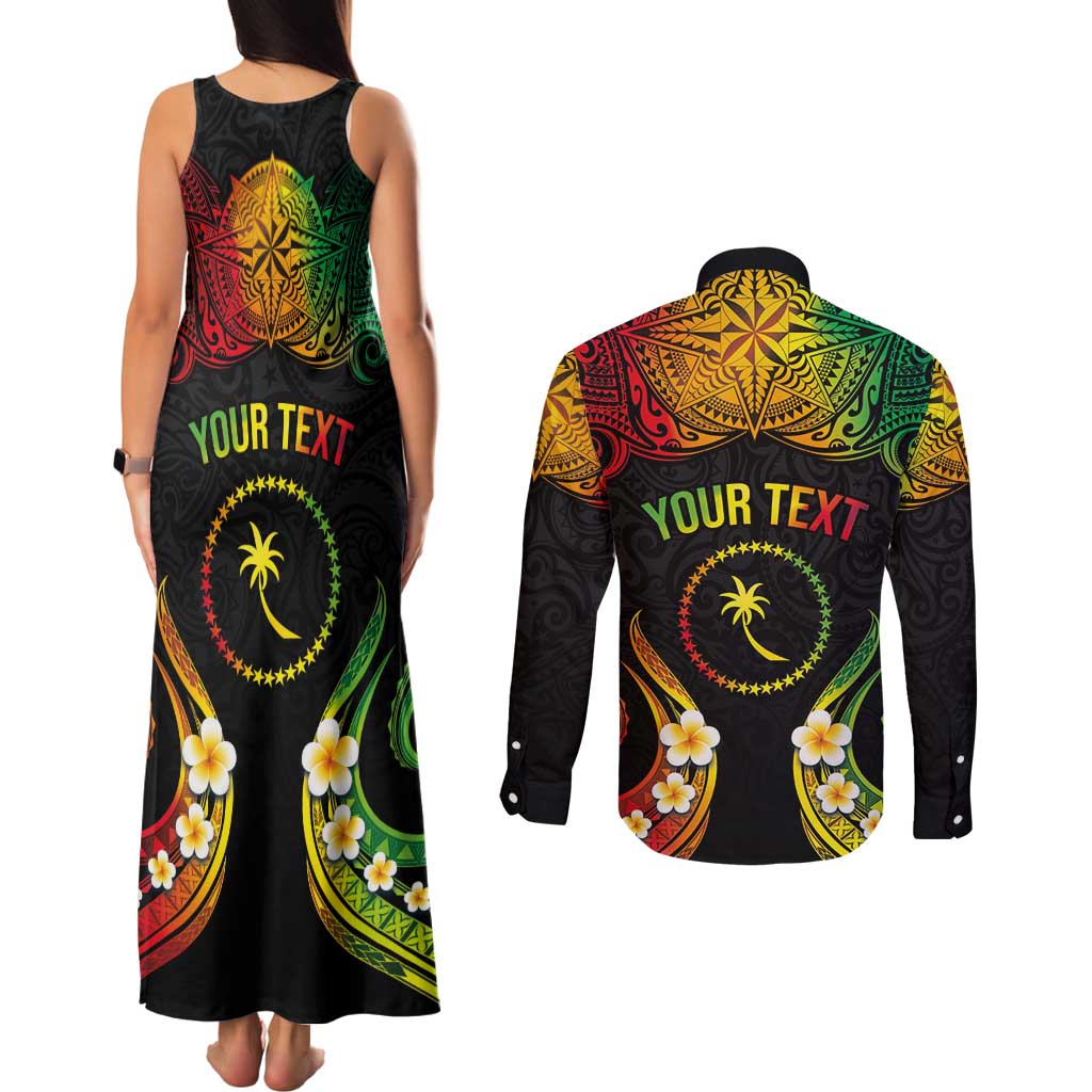 Personalised Chuuk Independence Day Couples Matching Tank Maxi Dress and Long Sleeve Button Shirt Polynesian Tattoo and Plumeria Reggae Color LT03 - Polynesian Pride