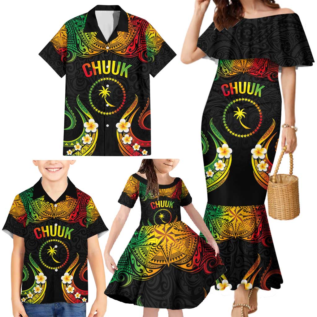 Personalised Chuuk Independence Day Family Matching Mermaid Dress and Hawaiian Shirt Polynesian Tattoo and Plumeria Reggae Color LT03 - Polynesian Pride