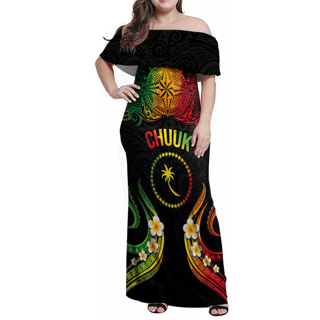 Personalised Chuuk Independence Day Family Matching Off Shoulder Maxi Dress and Hawaiian Shirt Polynesian Tattoo and Plumeria Reggae Color LT03 Mom's Dress Reggae - Polynesian Pride