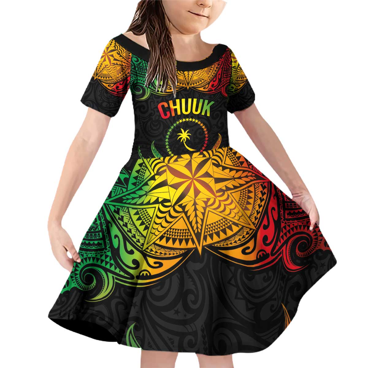 Personalised Chuuk Independence Day Family Matching Off Shoulder Short Dress and Hawaiian Shirt Polynesian Tattoo and Plumeria Reggae Color LT03 Daughter's Dress Reggae - Polynesian Pride