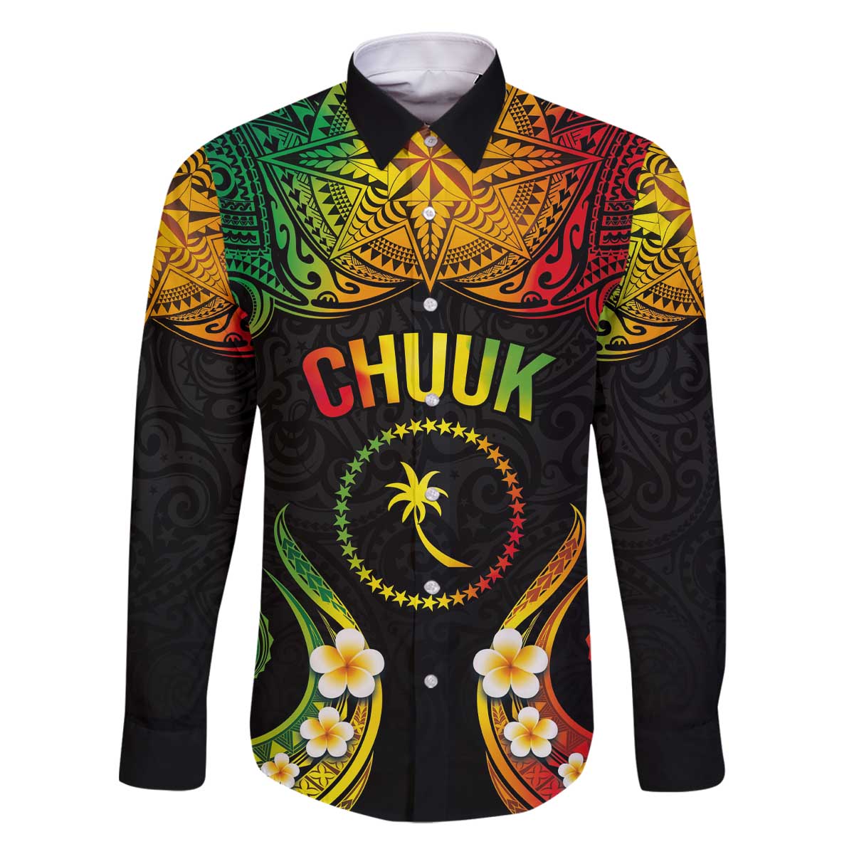 Personalised Chuuk Independence Day Family Matching Off Shoulder Short Dress and Hawaiian Shirt Polynesian Tattoo and Plumeria Reggae Color LT03 Dad's Shirt - Long Sleeve Reggae - Polynesian Pride