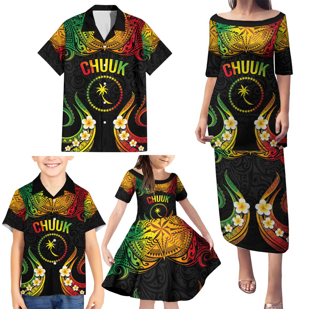 Personalised Chuuk Independence Day Family Matching Puletasi and Hawaiian Shirt Polynesian Tattoo and Plumeria Reggae Color LT03 - Polynesian Pride