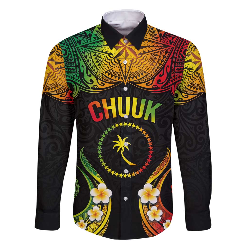 Personalised Chuuk Independence Day Family Matching Tank Maxi Dress and Hawaiian Shirt Polynesian Tattoo and Plumeria Reggae Color LT03 Dad's Shirt - Long Sleeve Reggae - Polynesian Pride