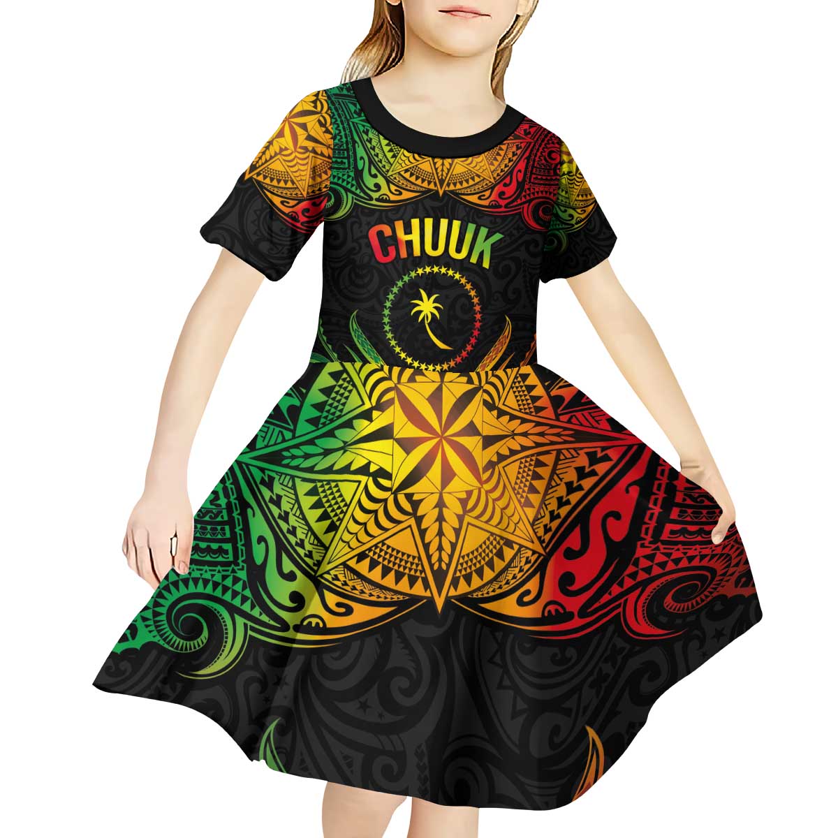 Personalised Chuuk Independence Day Kid Short Sleeve Dress Polynesian Tattoo and Plumeria Reggae Color LT03 - Polynesian Pride