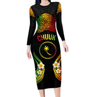 Personalised Chuuk Independence Day Long Sleeve Bodycon Dress Polynesian Tattoo and Plumeria Reggae Color LT03 Long Dress Reggae - Polynesian Pride