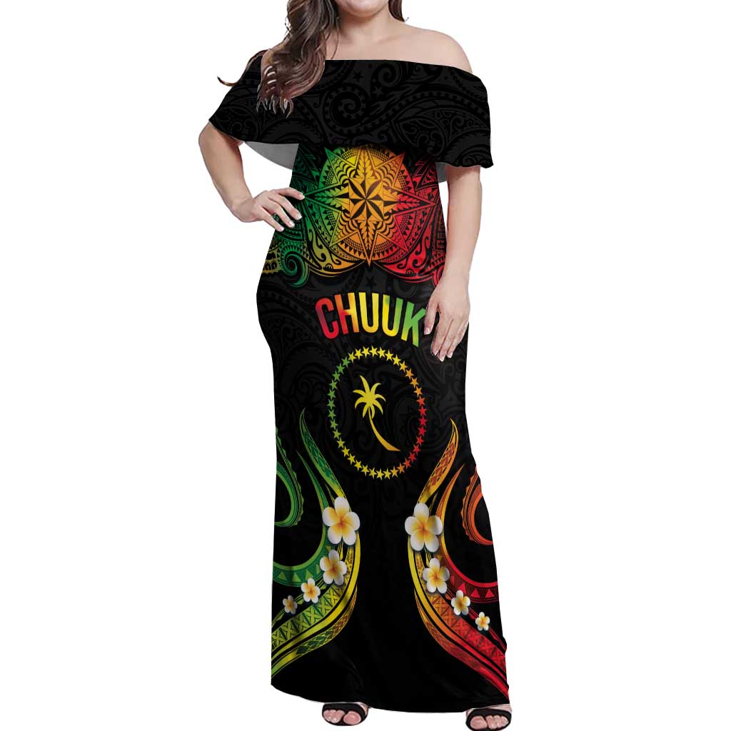 Personalised Chuuk Independence Day Off Shoulder Maxi Dress Polynesian Tattoo and Plumeria Reggae Color LT03 Women Reggae - Polynesian Pride
