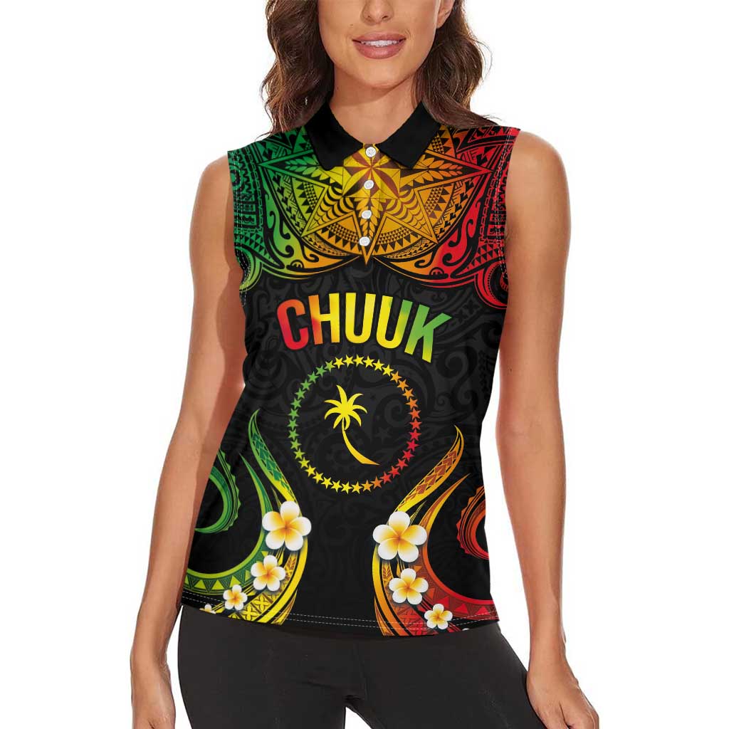 Personalised Chuuk Independence Day Women Sleeveless Polo Shirt Polynesian Tattoo and Plumeria Reggae Color LT03 - Polynesian Pride