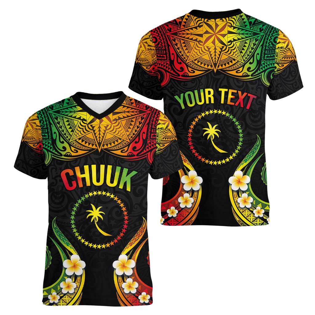 Personalised Chuuk Independence Day Women V-Neck T-Shirt Polynesian Tattoo and Plumeria Reggae Color LT03 - Polynesian Pride