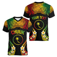 Personalised Chuuk Independence Day Women V-Neck T-Shirt Polynesian Tattoo and Plumeria Reggae Color LT03 - Polynesian Pride