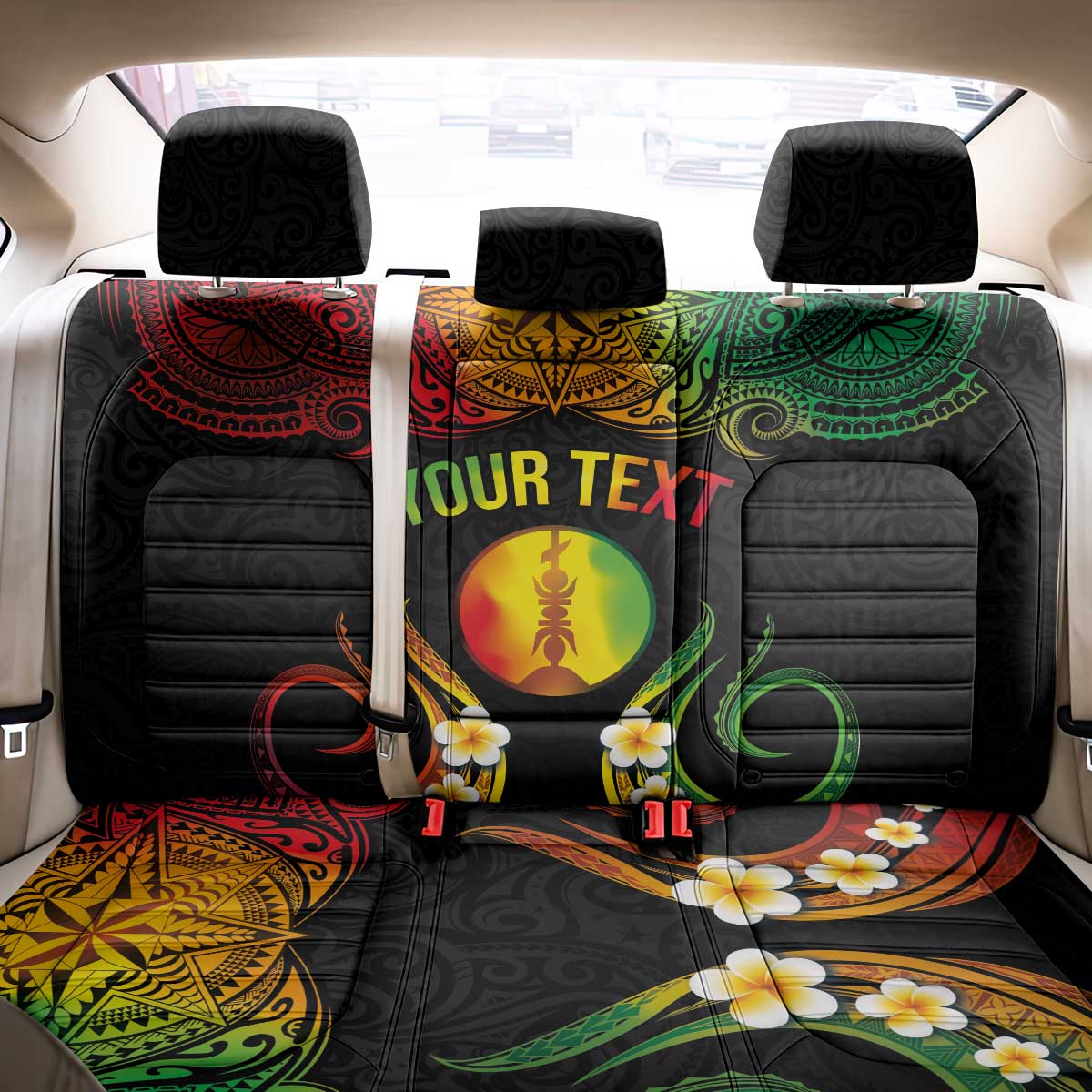Personalised New Caledonia Independence Day Back Car Seat Cover Polynesian Tattoo and Plumeria Reggae Color LT03 - Polynesian Pride