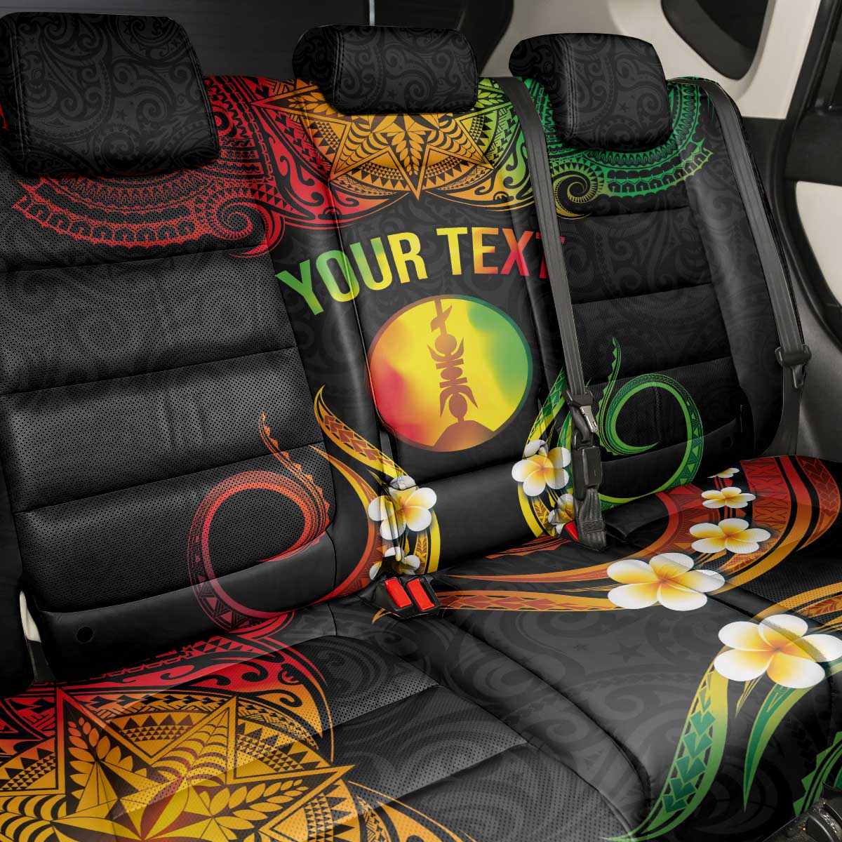 Personalised New Caledonia Independence Day Back Car Seat Cover Polynesian Tattoo and Plumeria Reggae Color LT03 - Polynesian Pride