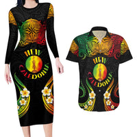 Personalised New Caledonia Independence Day Couples Matching Long Sleeve Bodycon Dress and Hawaiian Shirt Polynesian Tattoo and Plumeria Reggae Color LT03 Reggae - Polynesian Pride