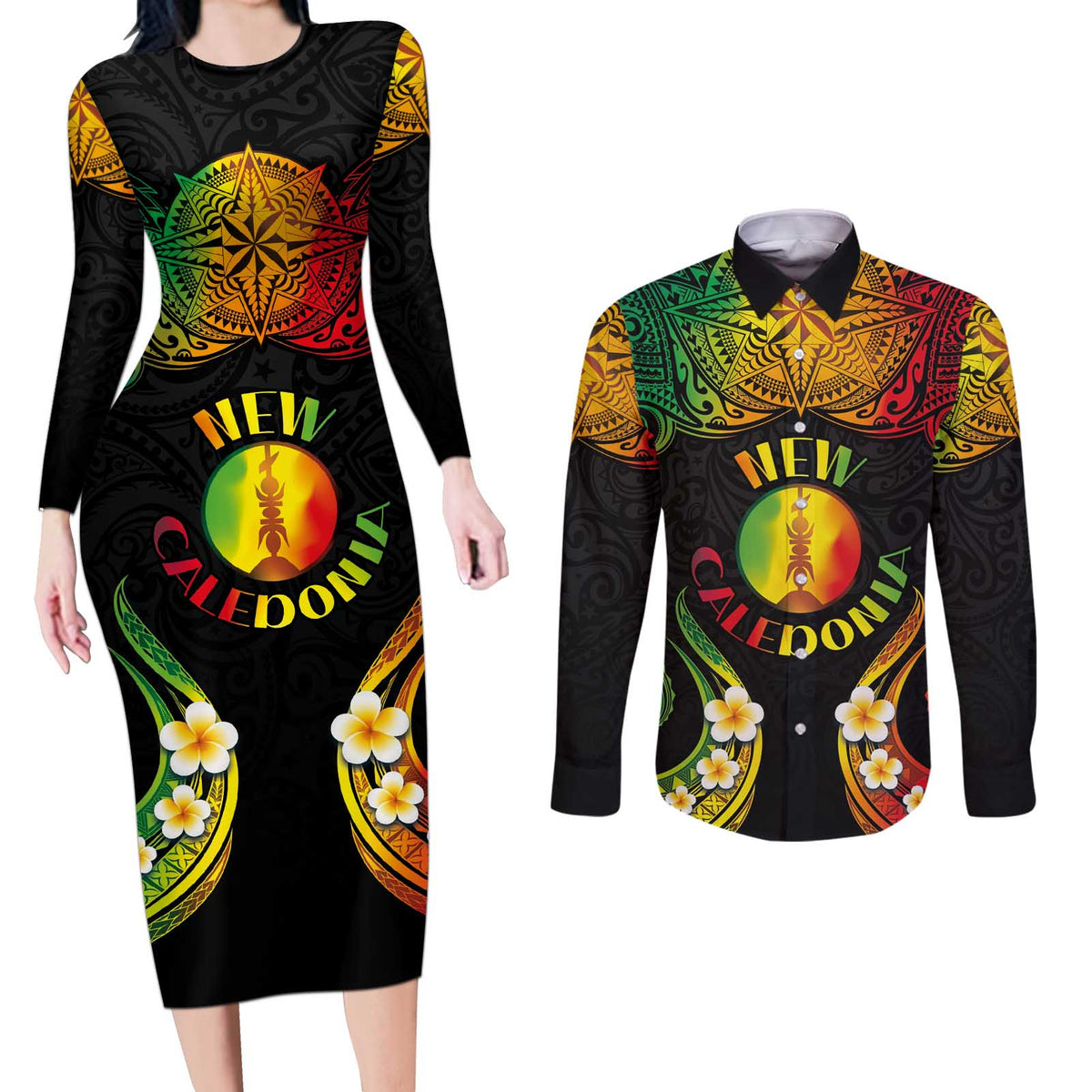Personalised New Caledonia Independence Day Couples Matching Long Sleeve Bodycon Dress and Long Sleeve Button Shirt Polynesian Tattoo and Plumeria Reggae Color LT03 Reggae - Polynesian Pride