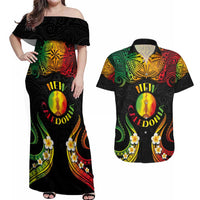 Personalised New Caledonia Independence Day Couples Matching Off Shoulder Maxi Dress and Hawaiian Shirt Polynesian Tattoo and Plumeria Reggae Color LT03 Reggae - Polynesian Pride