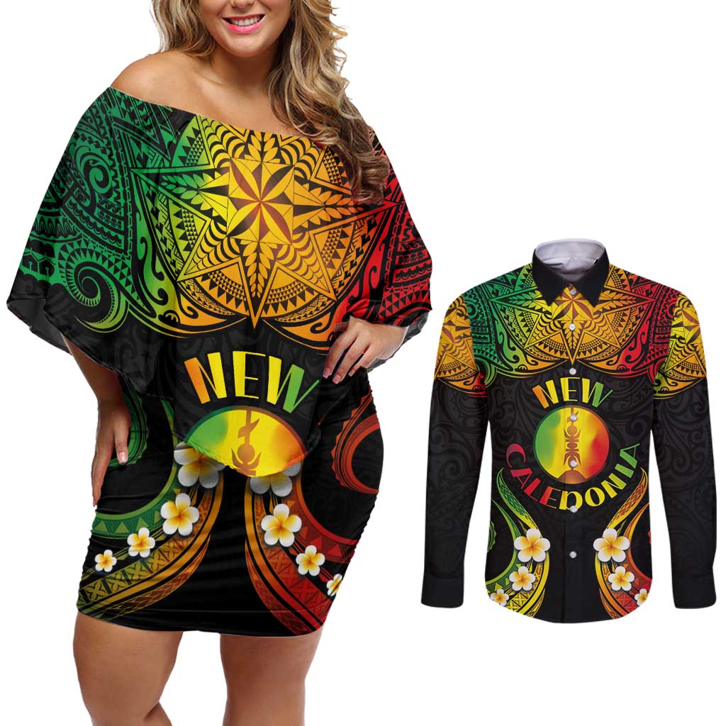 Personalised New Caledonia Independence Day Couples Matching Off Shoulder Short Dress and Long Sleeve Button Shirt Polynesian Tattoo and Plumeria Reggae Color LT03 Reggae - Polynesian Pride