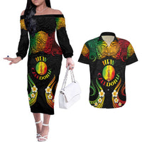 Personalised New Caledonia Independence Day Couples Matching Off The Shoulder Long Sleeve Dress and Hawaiian Shirt Polynesian Tattoo and Plumeria Reggae Color LT03 Reggae - Polynesian Pride
