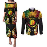 Personalised New Caledonia Independence Day Couples Matching Puletasi and Long Sleeve Button Shirt Polynesian Tattoo and Plumeria Reggae Color LT03 Reggae - Polynesian Pride