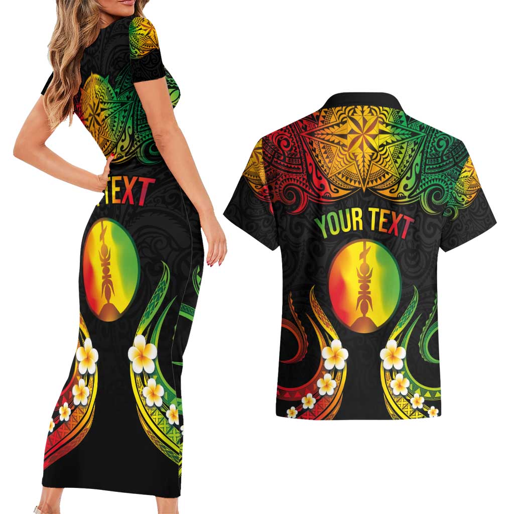 Personalised New Caledonia Independence Day Couples Matching Short Sleeve Bodycon Dress and Hawaiian Shirt Polynesian Tattoo and Plumeria Reggae Color LT03 - Polynesian Pride