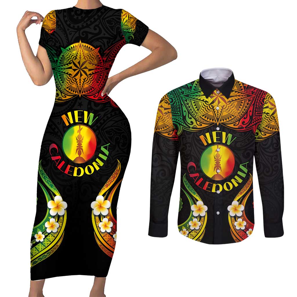 Personalised New Caledonia Independence Day Couples Matching Short Sleeve Bodycon Dress and Long Sleeve Button Shirt Polynesian Tattoo and Plumeria Reggae Color LT03 Reggae - Polynesian Pride