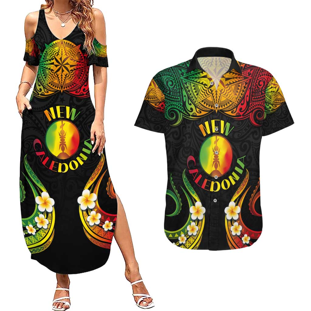 Personalised New Caledonia Independence Day Couples Matching Summer Maxi Dress and Hawaiian Shirt Polynesian Tattoo and Plumeria Reggae Color LT03 Reggae - Polynesian Pride