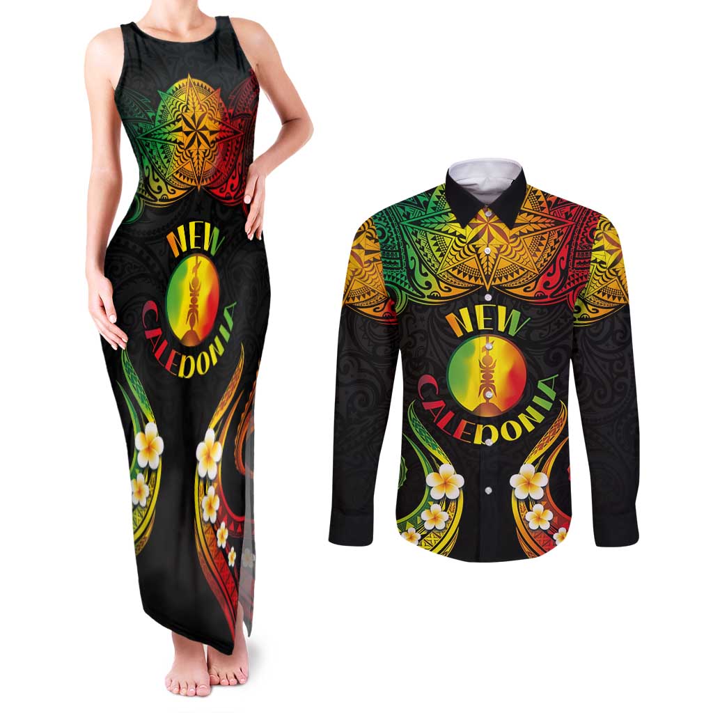 Personalised New Caledonia Independence Day Couples Matching Tank Maxi Dress and Long Sleeve Button Shirt Polynesian Tattoo and Plumeria Reggae Color LT03 Reggae - Polynesian Pride