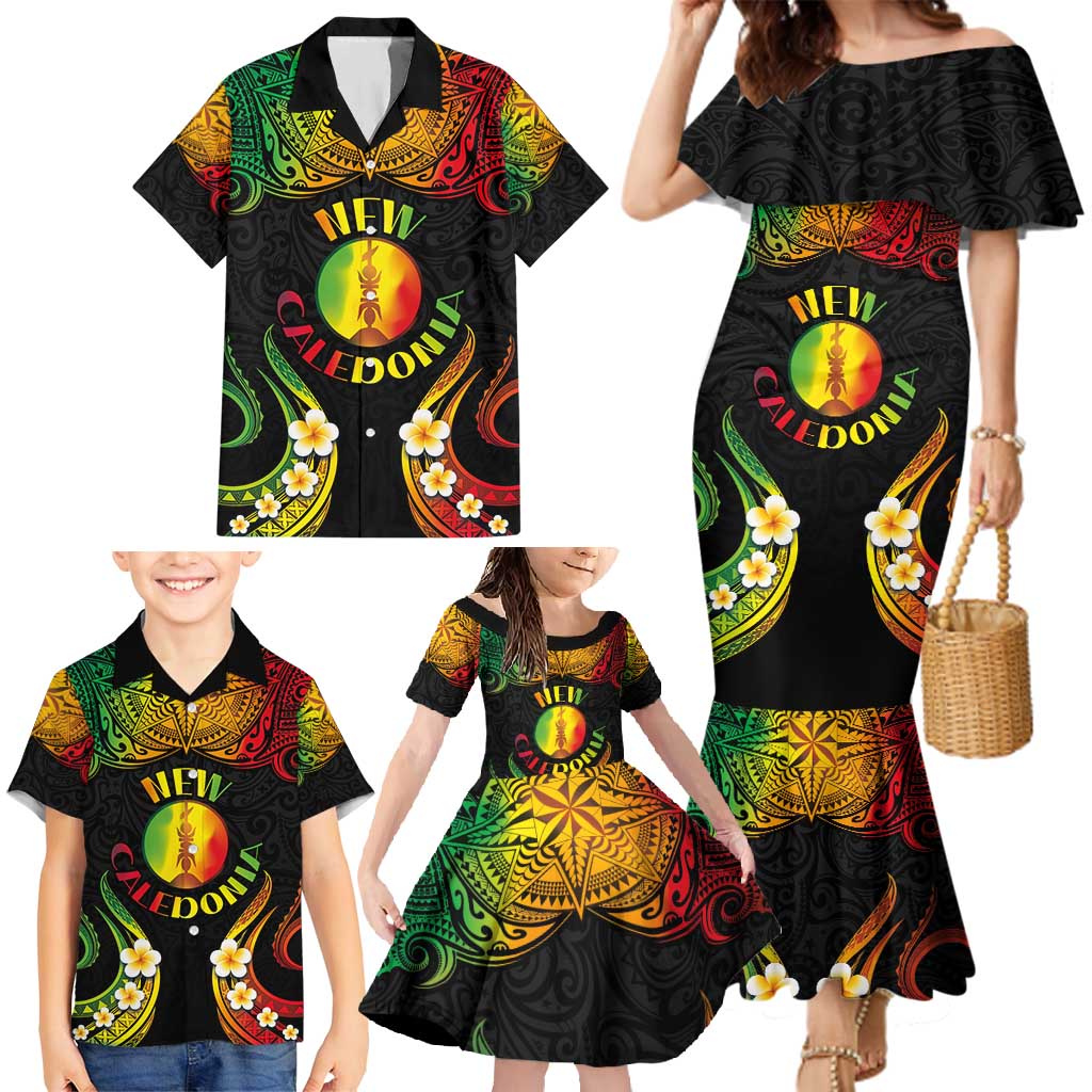 Personalised New Caledonia Independence Day Family Matching Mermaid Dress and Hawaiian Shirt Polynesian Tattoo and Plumeria Reggae Color LT03 - Polynesian Pride