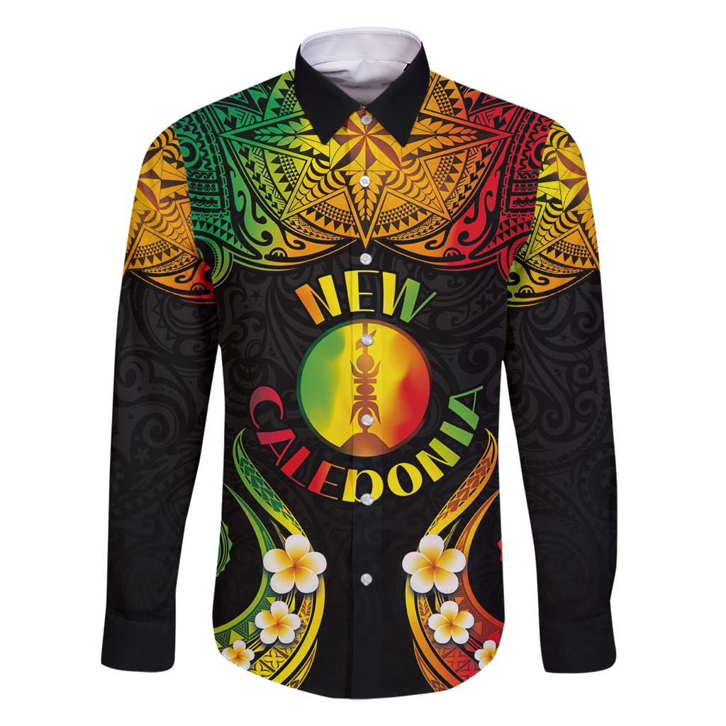 Personalised New Caledonia Independence Day Family Matching Mermaid Dress and Hawaiian Shirt Polynesian Tattoo and Plumeria Reggae Color LT03 Dad's Shirt - Long Sleeve Reggae - Polynesian Pride