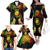 Personalised New Caledonia Independence Day Family Matching Off The Shoulder Long Sleeve Dress and Hawaiian Shirt Polynesian Tattoo and Plumeria Reggae Color LT03 - Polynesian Pride