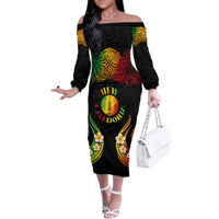 Personalised New Caledonia Independence Day Family Matching Off The Shoulder Long Sleeve Dress and Hawaiian Shirt Polynesian Tattoo and Plumeria Reggae Color LT03 Mom's Dress Reggae - Polynesian Pride