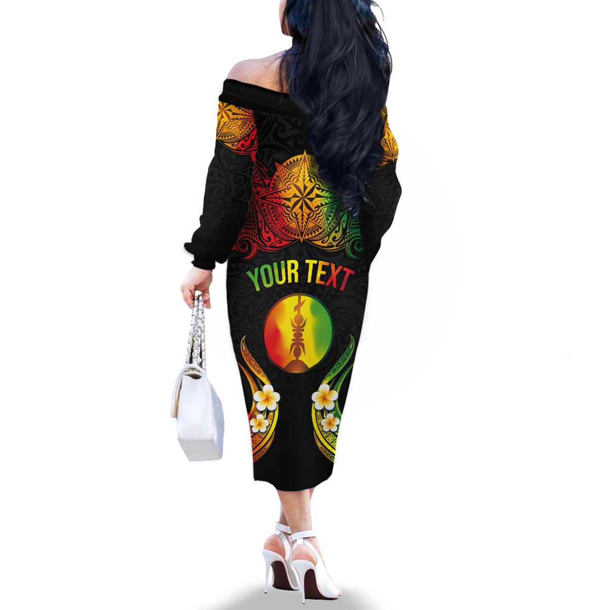 Personalised New Caledonia Independence Day Family Matching Off The Shoulder Long Sleeve Dress and Hawaiian Shirt Polynesian Tattoo and Plumeria Reggae Color LT03 - Polynesian Pride