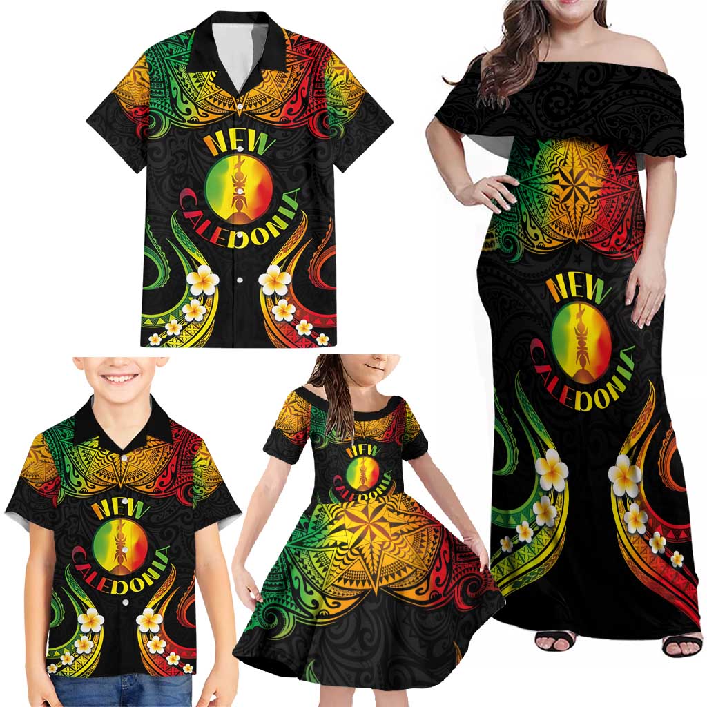 Personalised New Caledonia Independence Day Family Matching Off Shoulder Maxi Dress and Hawaiian Shirt Polynesian Tattoo and Plumeria Reggae Color LT03 - Polynesian Pride