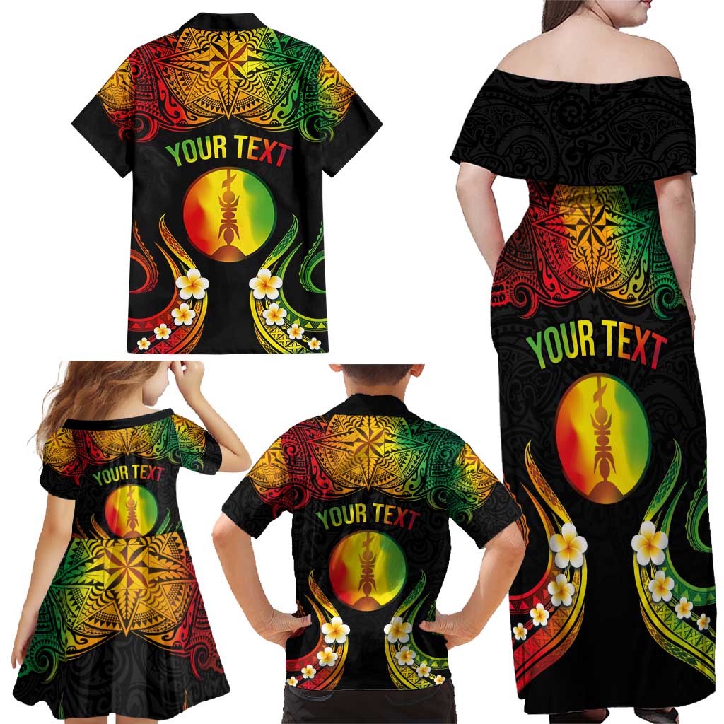 Personalised New Caledonia Independence Day Family Matching Off Shoulder Maxi Dress and Hawaiian Shirt Polynesian Tattoo and Plumeria Reggae Color LT03 - Polynesian Pride