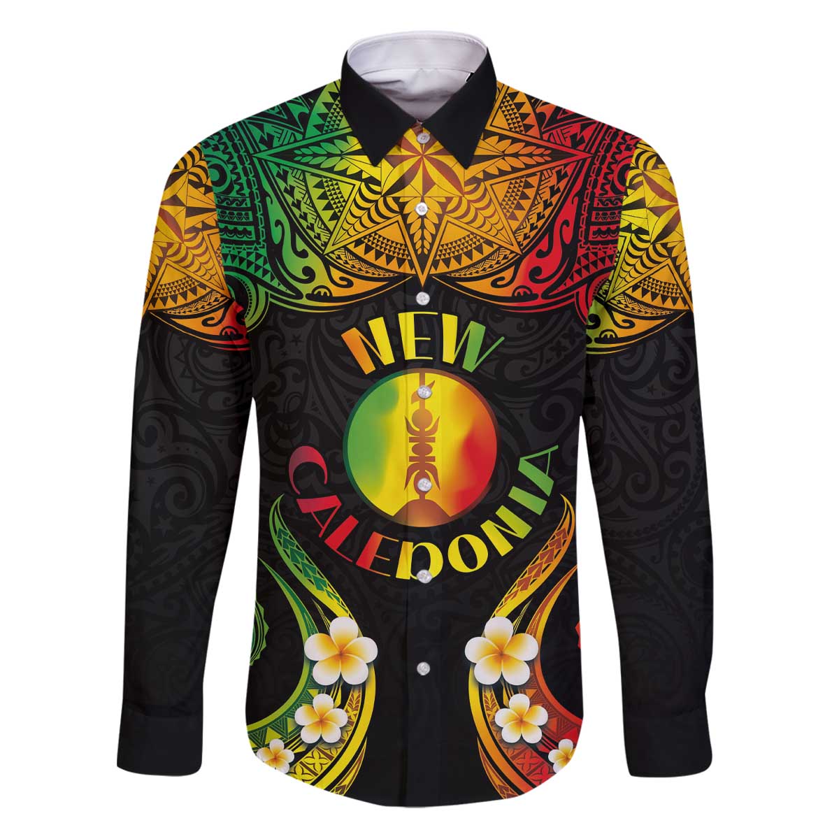 Personalised New Caledonia Independence Day Family Matching Puletasi and Hawaiian Shirt Polynesian Tattoo and Plumeria Reggae Color LT03 Dad's Shirt - Long Sleeve Reggae - Polynesian Pride