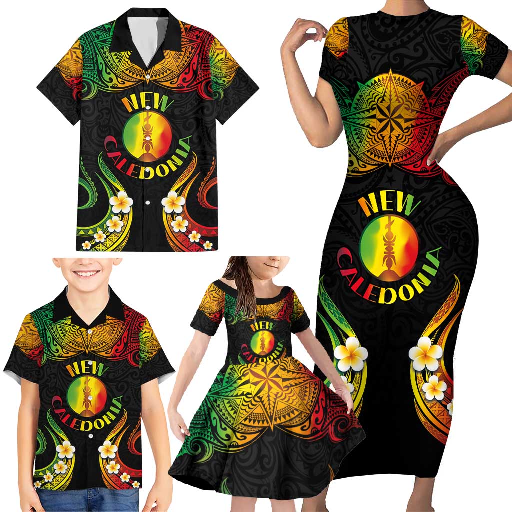 Personalised New Caledonia Independence Day Family Matching Short Sleeve Bodycon Dress and Hawaiian Shirt Polynesian Tattoo and Plumeria Reggae Color LT03 - Polynesian Pride