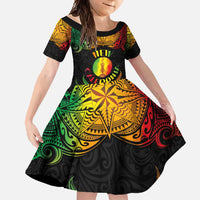 Personalised New Caledonia Independence Day Family Matching Summer Maxi Dress and Hawaiian Shirt Polynesian Tattoo and Plumeria Reggae Color LT03 Daughter's Dress Reggae - Polynesian Pride