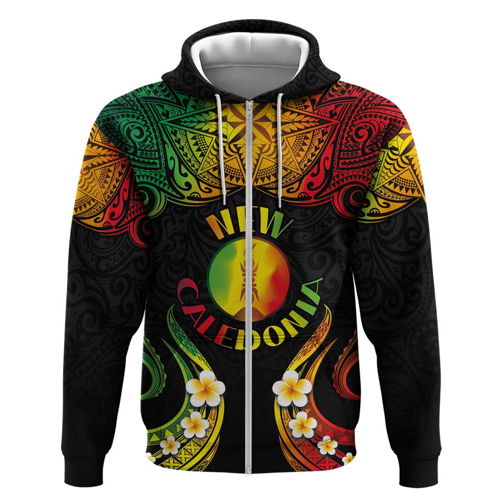 Personalised New Caledonia Independence Day Hoodie Polynesian Tattoo and Plumeria Reggae Color LT03 Zip Hoodie Reggae - Polynesian Pride