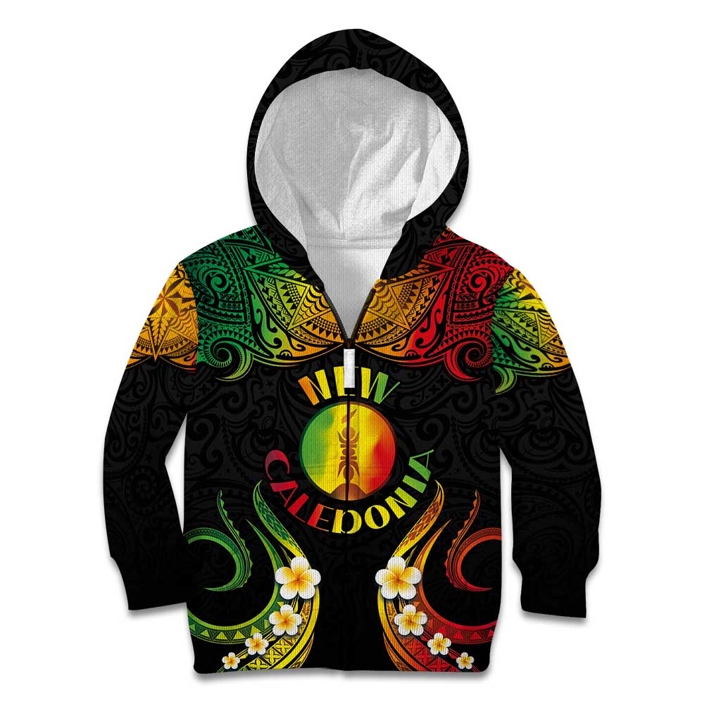 Personalised New Caledonia Independence Day Kid Hoodie Polynesian Tattoo and Plumeria Reggae Color LT03 Zip Hoodie Reggae - Polynesian Pride