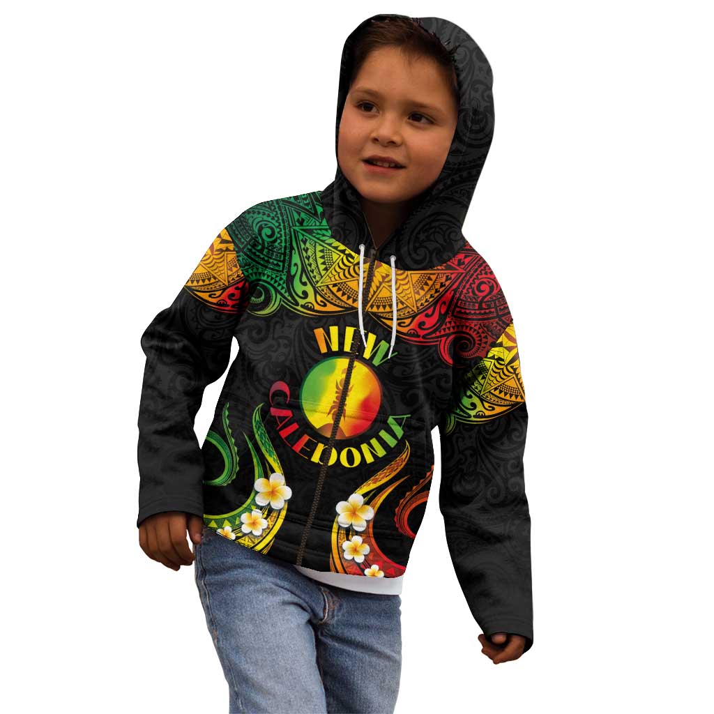 Personalised New Caledonia Independence Day Kid Hoodie Polynesian Tattoo and Plumeria Reggae Color LT03 - Polynesian Pride
