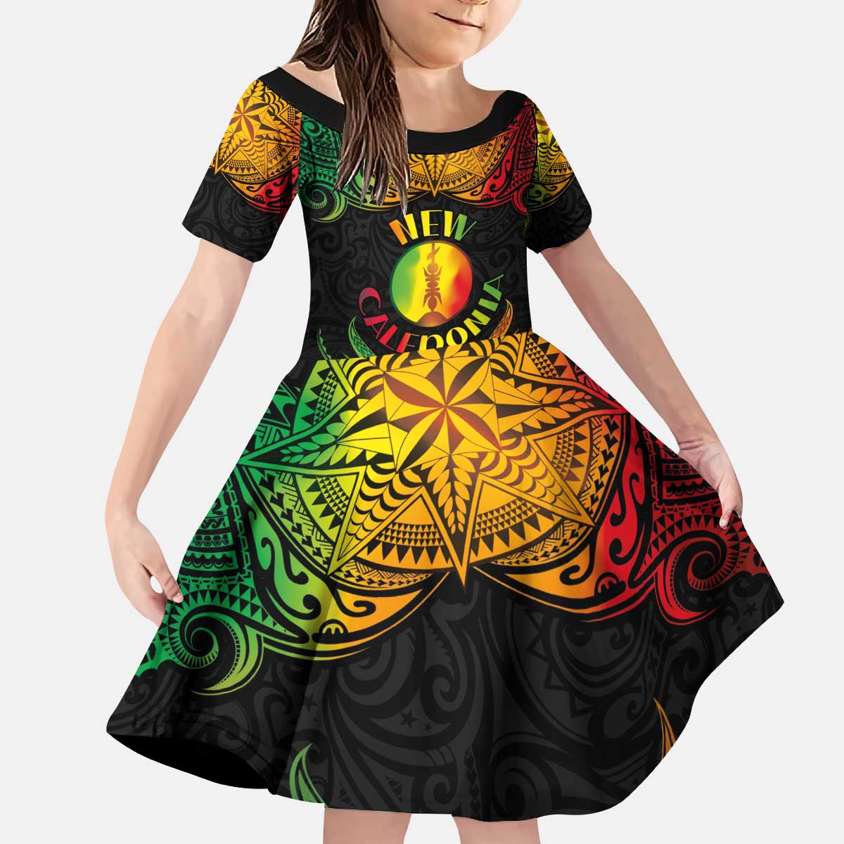 Personalised New Caledonia Independence Day Kid Short Sleeve Dress Polynesian Tattoo and Plumeria Reggae Color LT03 KID Reggae - Polynesian Pride