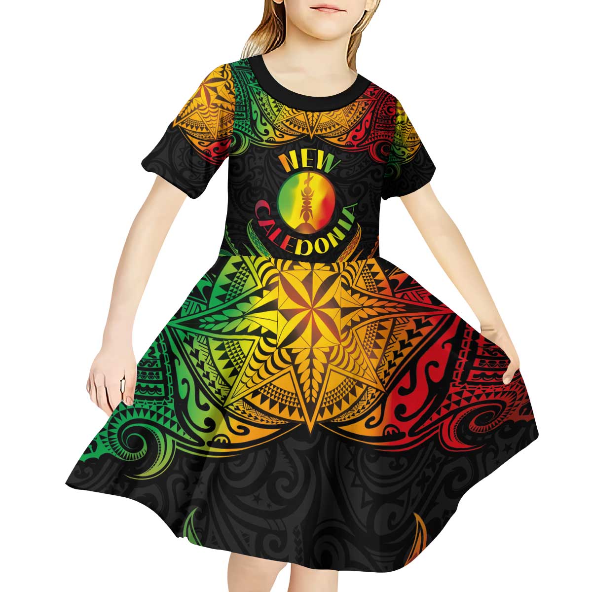 Personalised New Caledonia Independence Day Kid Short Sleeve Dress Polynesian Tattoo and Plumeria Reggae Color LT03 - Polynesian Pride