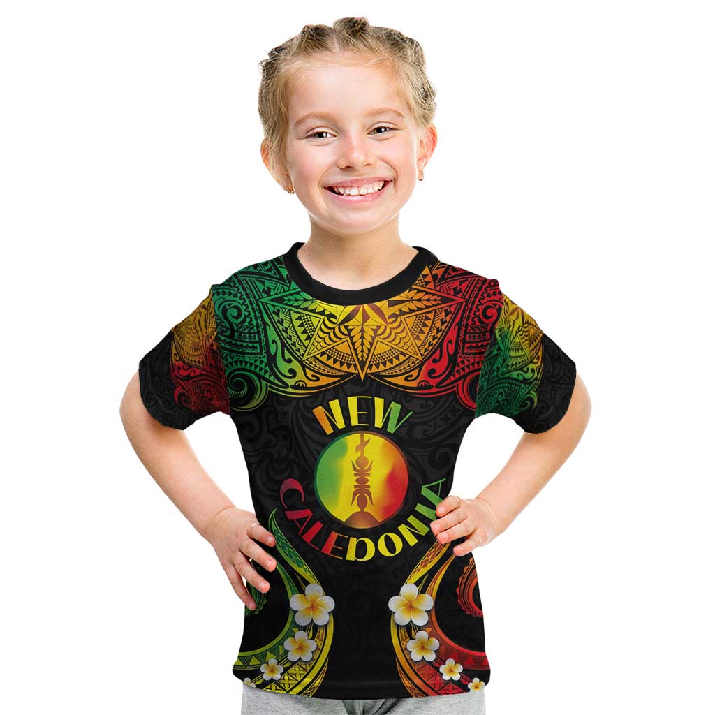 Personalised New Caledonia Independence Day Kid T Shirt Polynesian Tattoo and Plumeria Reggae Color LT03 Reggae - Polynesian Pride
