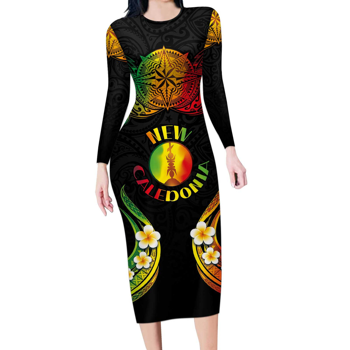Personalised New Caledonia Independence Day Long Sleeve Bodycon Dress Polynesian Tattoo and Plumeria Reggae Color LT03 Long Dress Reggae - Polynesian Pride