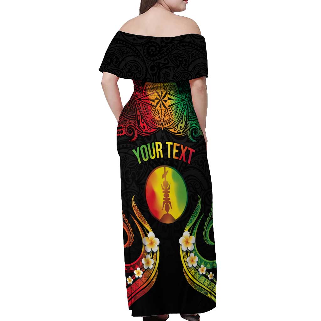 Personalised New Caledonia Independence Day Off Shoulder Maxi Dress Polynesian Tattoo and Plumeria Reggae Color LT03 - Polynesian Pride