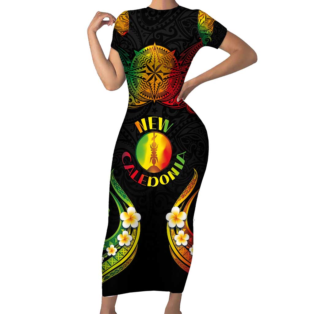 Personalised New Caledonia Independence Day Short Sleeve Bodycon Dress Polynesian Tattoo and Plumeria Reggae Color LT03 Long Dress Reggae - Polynesian Pride