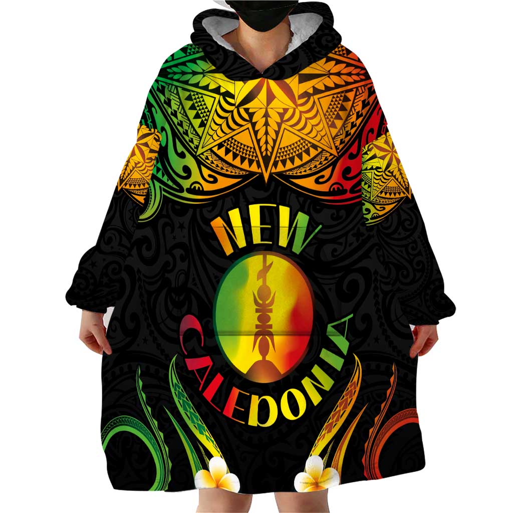 Personalised New Caledonia Independence Day Wearable Blanket Hoodie Polynesian Tattoo and Plumeria Reggae Color LT03 - Polynesian Pride