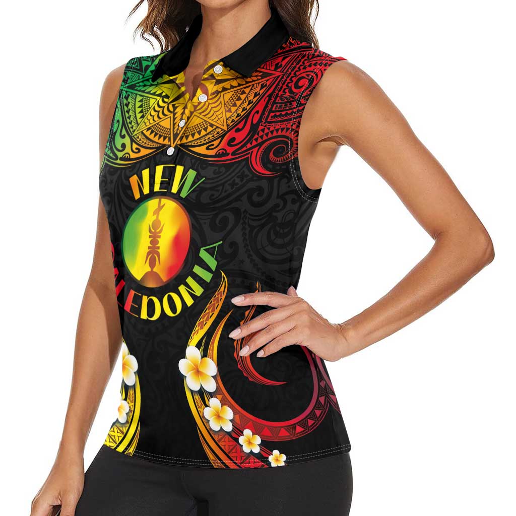 Personalised New Caledonia Independence Day Women Sleeveless Polo Shirt Polynesian Tattoo and Plumeria Reggae Color LT03 - Polynesian Pride