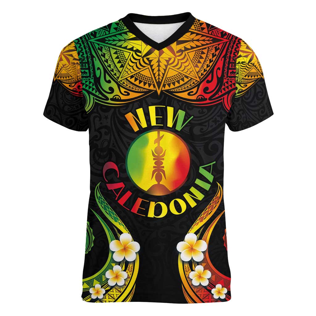 Personalised New Caledonia Independence Day Women V-Neck T-Shirt Polynesian Tattoo and Plumeria Reggae Color LT03 Female Reggae - Polynesian Pride