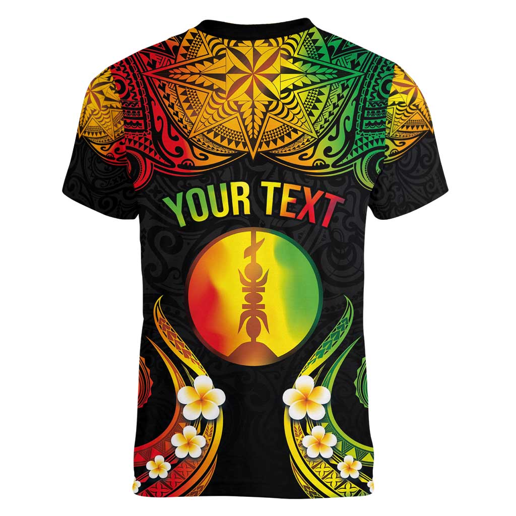 Personalised New Caledonia Independence Day Women V-Neck T-Shirt Polynesian Tattoo and Plumeria Reggae Color LT03 - Polynesian Pride